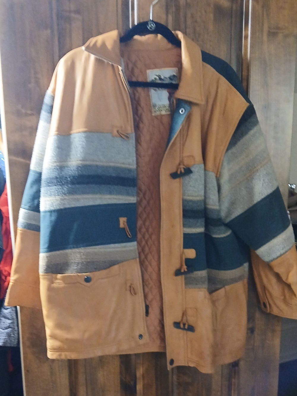 Men's Tan and Dark Green Striped Toggle Puffer Coat